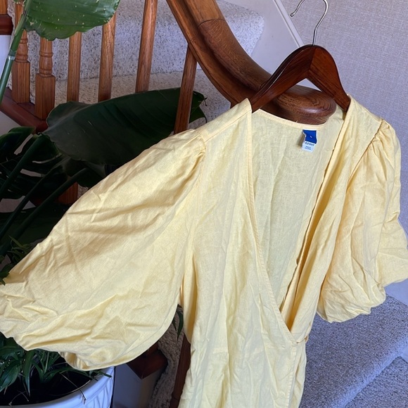 Old Navy Linen Waist Define Puff Sleeve Wrap Dress Morning Sun - Picture 8 of 15